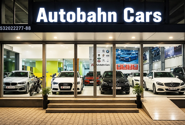 Certified multi-brand pre-owned luxury SUVs and hatchbacks displayed at Autobahn Cars showroom in BT