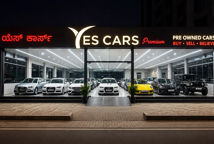 Certified pre-owned luxury cars showcased at Yes Cars Premium showroom in Domlur, Bengaluru.