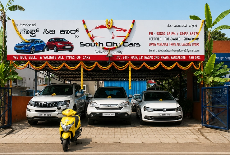 Multi-brand certified second-hand cars parked at South City Cars showroom in J.P. Nagar Bengaluru