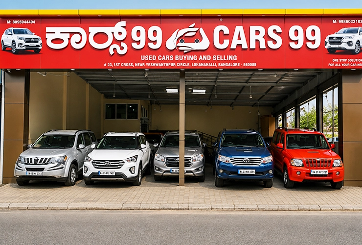 Multi-brand second hand cars parked inside Cars99 showroom in Laggere Bengaluru