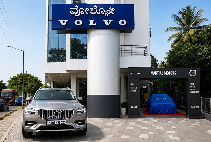 Front exterior of Martial Motors Volvo Cars showroom in Gandhi Nagar Bengaluru